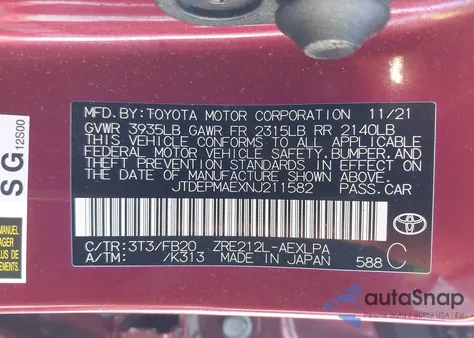 2022 Toyota Corolla Le from USA, damaged, VIN JTDEPMAEXNJ211582
